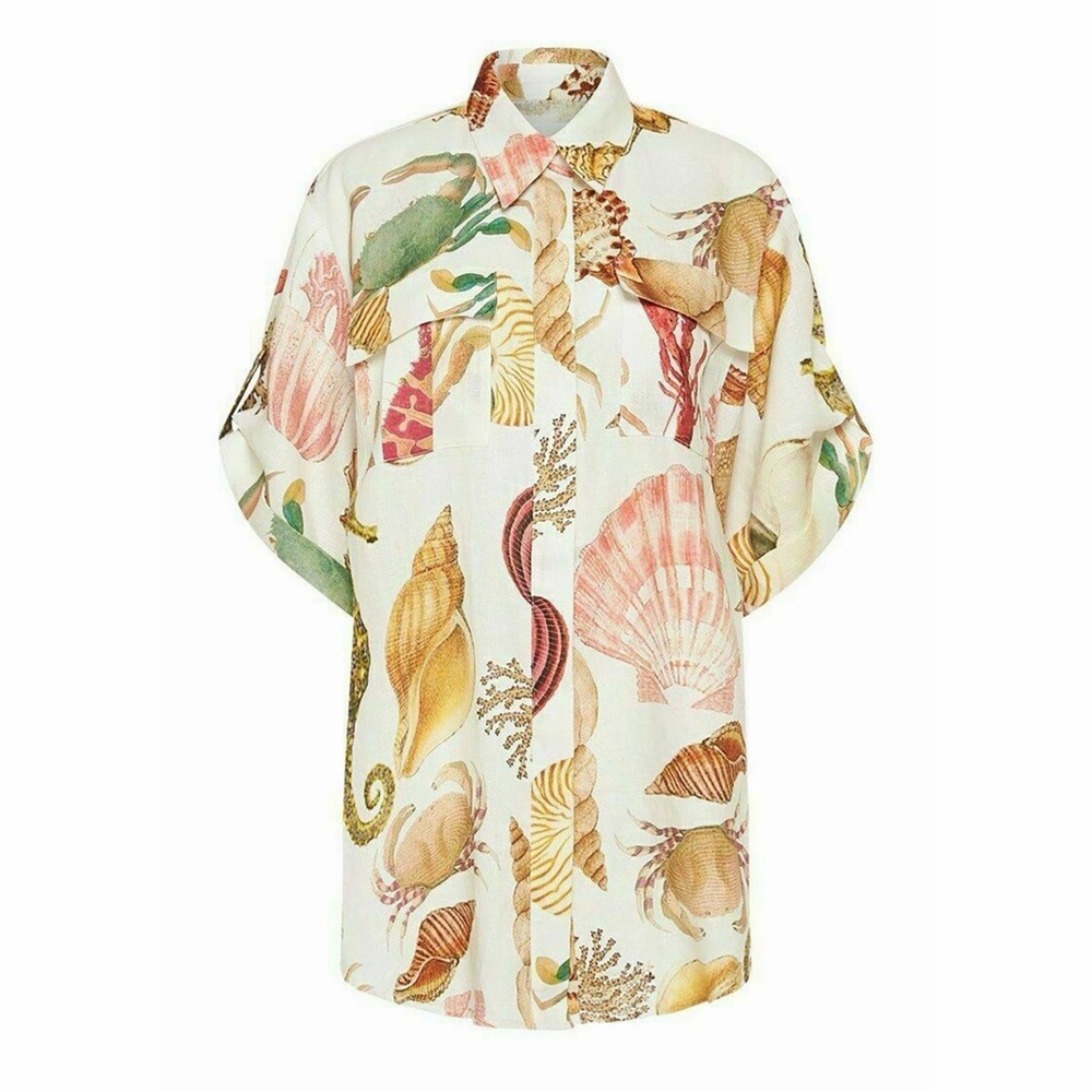 Alemais Atlantis Print Camp Shirt Top Seashell Crab Sea Life Beach Linen AU 8